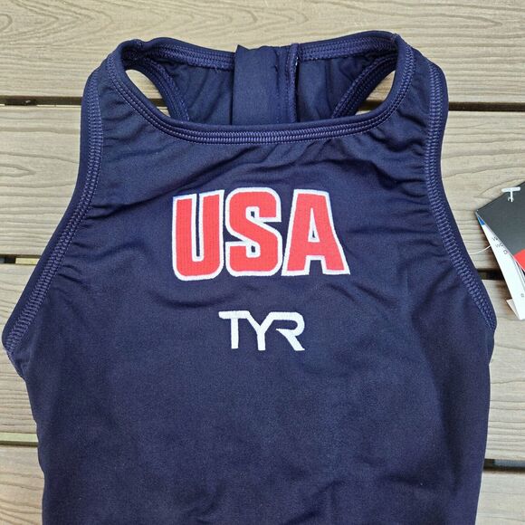 TYR USA Water Polo Womens Breakaway Suit Zipper One Piece Swimsuit Navy Size 28 - Picture 2 of 3